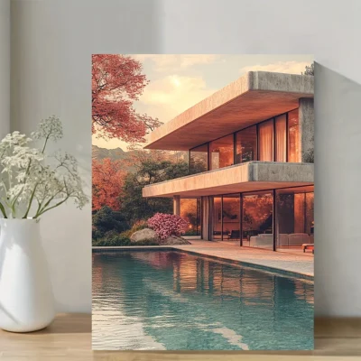 Mid-Century Modern House with Vibrant Colors Wall Art Canvas Framed 40x60
