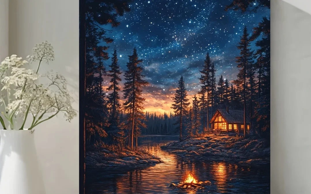 Serene Lake Cabin Scene With Enchanted Starry Sky Wall Art Canvas Framed 40×60