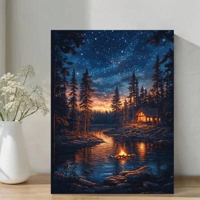 Serene Lake Cabin Scene With Enchanted Starry Sky Wall Art Canvas Framed 40x60