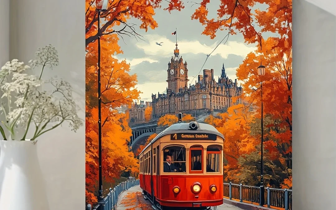 Red Carpet Tourist Train and Autumn Foliage Scene  Wall Art Canvas Framed 40×60