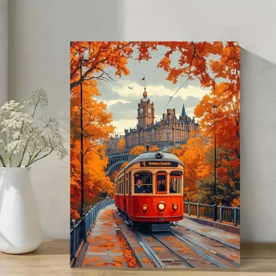 Red Carpet Tourist Train and Autumn Foliage Scene  Wall Art Canvas Framed 40x60