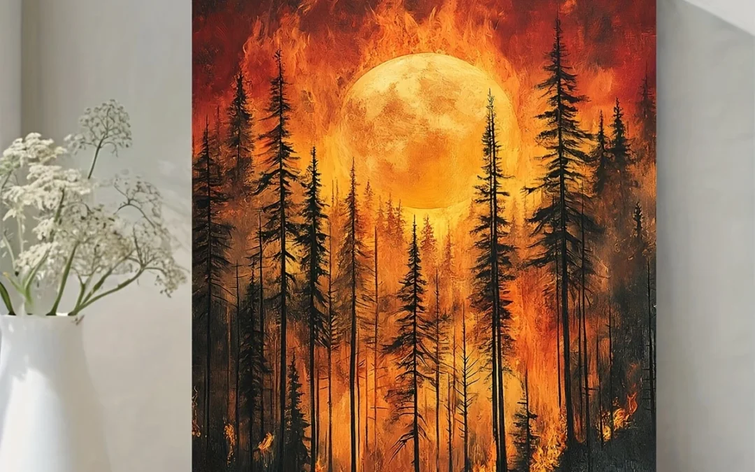Forest Fire Abstract with Fiery Moon & Silhouetted Trees,Wall Art Canvas Framed 40×60