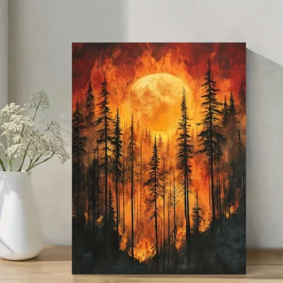 Forest Fire Abstract with Fiery Moon & Silhouetted Trees,Wall Art Canvas Framed 40x60