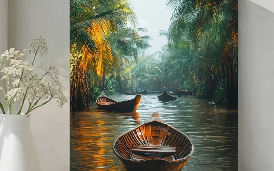 Vibrant River Scene with Boats and Palm Trees Wall Art Canvas Framed 40×60