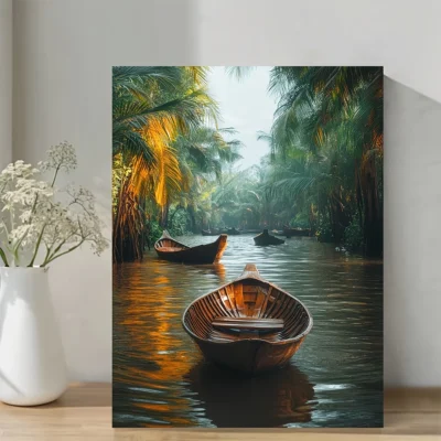 Vibrant River Scene with Boats and Palm Trees Wall Art Canvas Framed 40x60