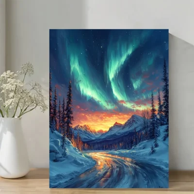 Winter Road Under the Aurora Borealis Wall Art Canvas Framed 40x60