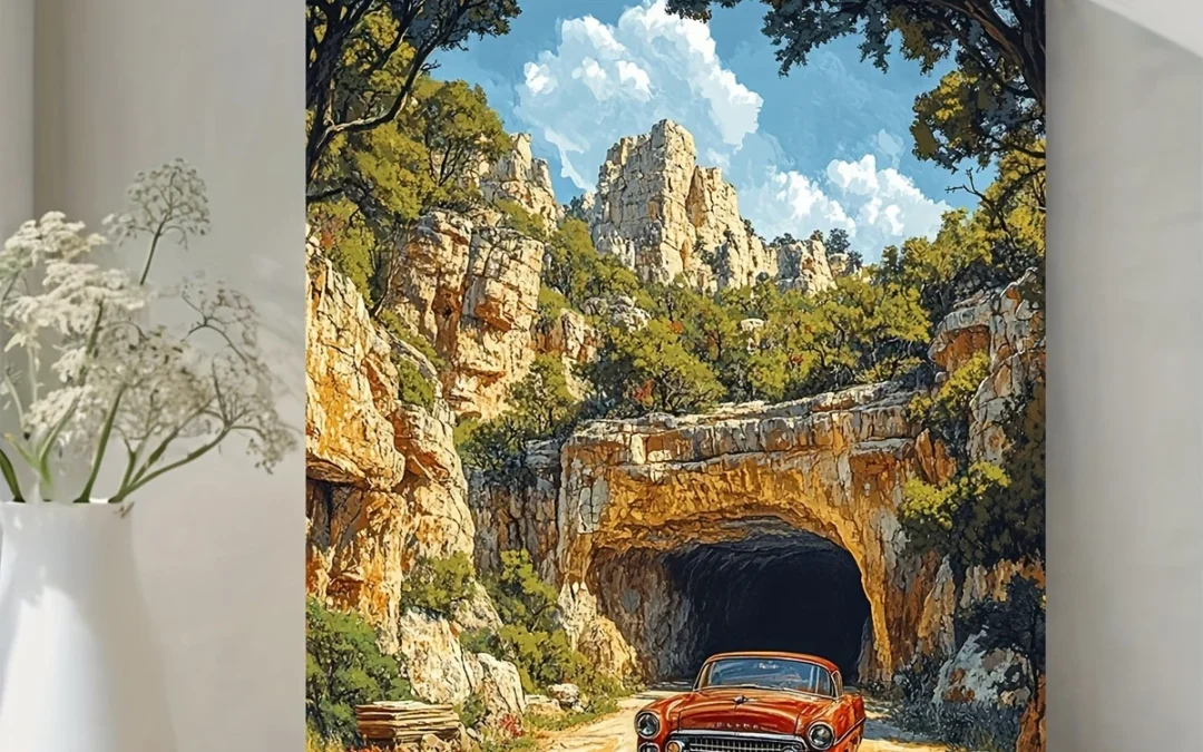 Midcentury Modern Vintage Car & Scenic Landscape Wall Art Canvas Framed 40×60