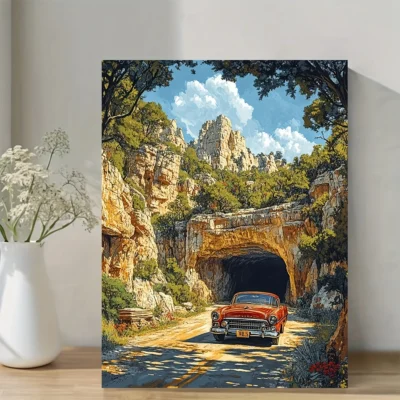 Midcentury Modern Vintage Car & Scenic Landscape Wall Art Canvas Framed 40x60