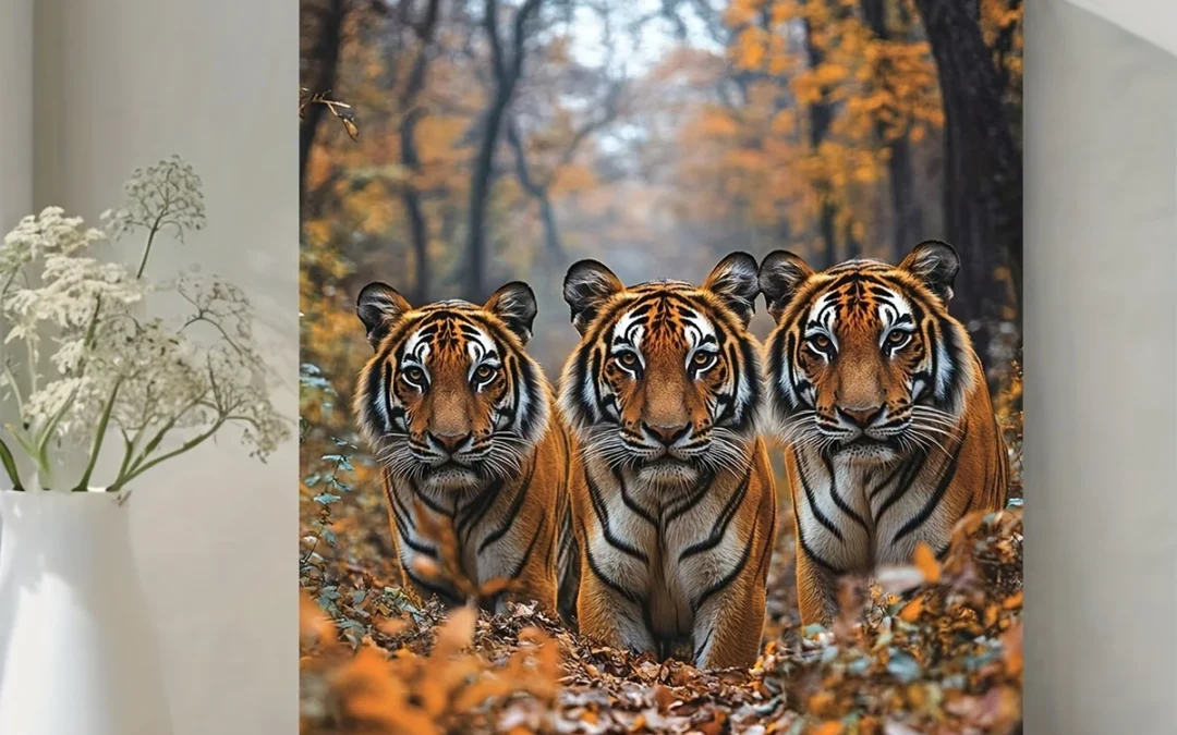 Three Majestic Tigers Autumn Forest Wall Art Canvas Framed 40×60
