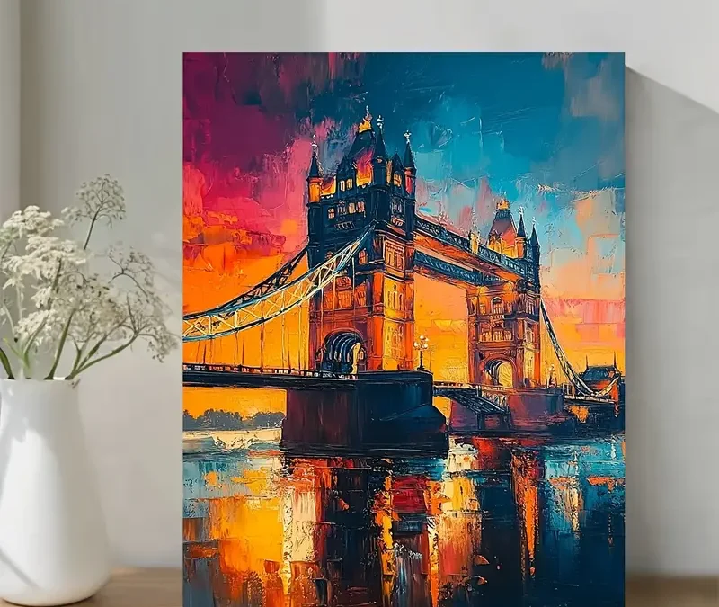 London Bridge River Thames UK Retro Vintage Abstract Oil Painting Wall Art Canvas Framed 40×60