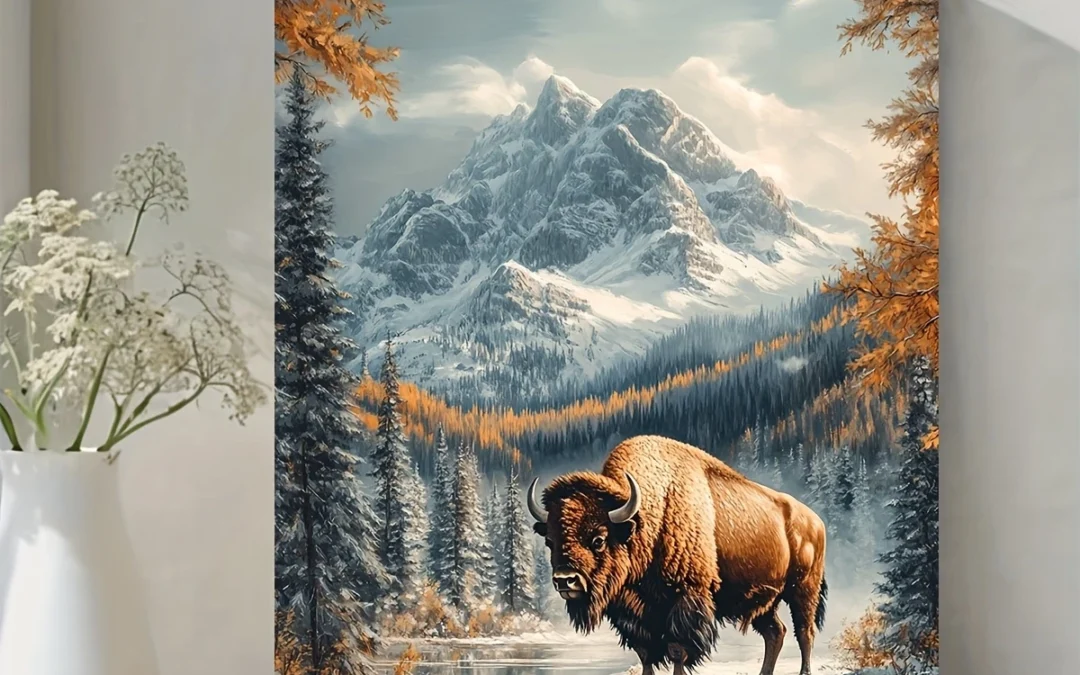Rustic Mountain Bison Wall Art Canvas Framed 40×60
