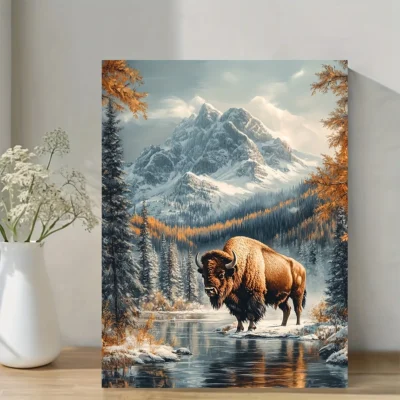Rustic Mountain Bison Wall Art Canvas Framed 40x60