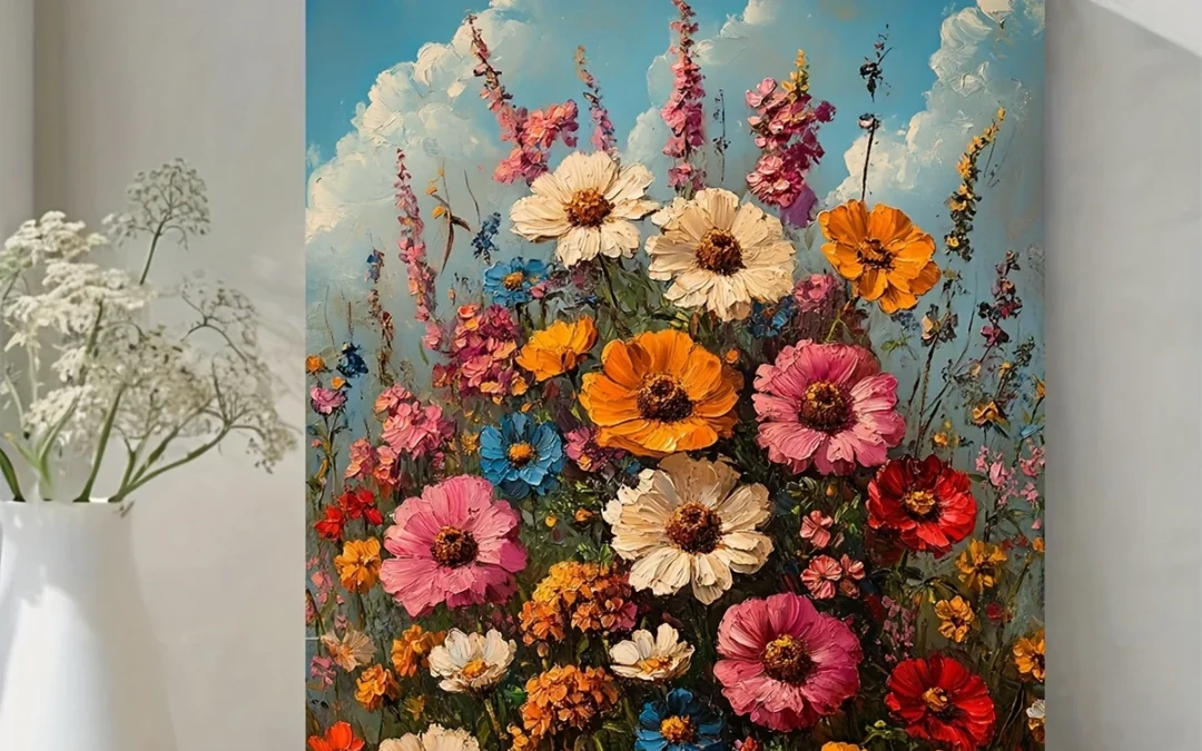 Vintage Colorful Wild Flowers Oil Painting Wall Art Canvas Framed 40×60