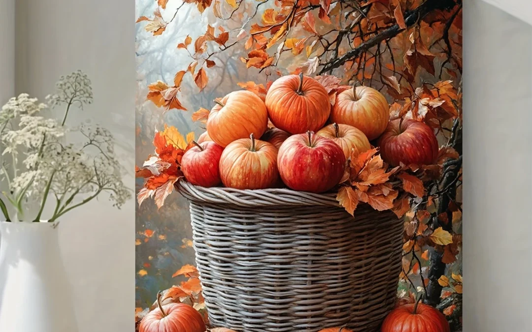 Autumn Basket with Pumpkins & Apples Wall Art Canvas Framed 40×60