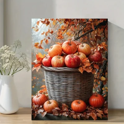 Autumn Basket with Pumpkins & Apples Wall Art Canvas Framed 40x60