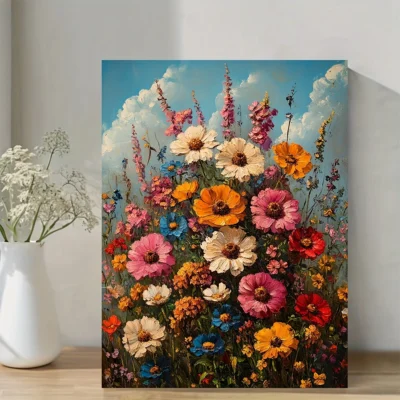 Vintage Colorful Wild Flowers Oil Painting Wall Art Canvas Framed 40x60