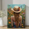 Cottagecore Floral Hat Woman in Garden Wall Art Canvas Framed 40x60