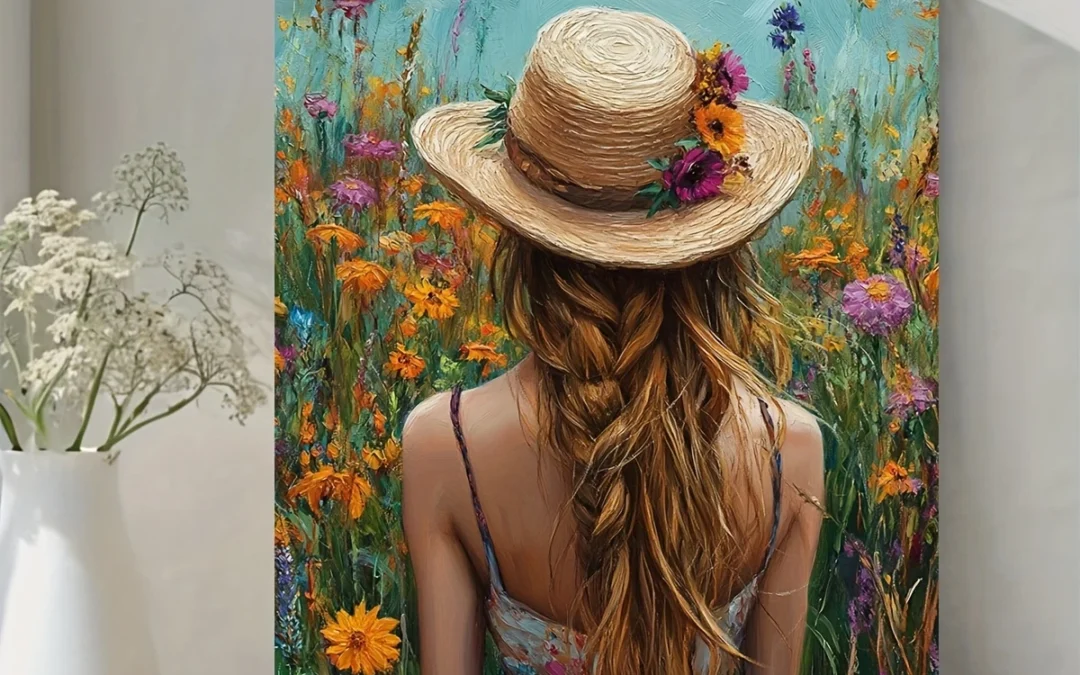 Cottagecore Floral Hat Woman in Garden Wall Art Canvas Framed 40×60