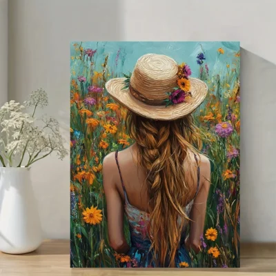 Cottagecore Floral Hat Woman in Garden Wall Art Canvas Framed 40x60
