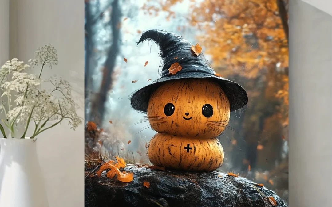 Cute Lil Boo with Witch Hat & Autumn Leaves, Victorian Goth StyleWall Art Canvas Framed 40×60