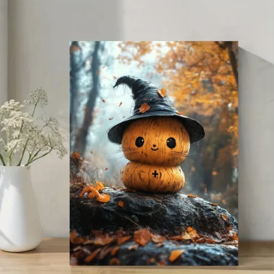 Cute Lil Boo with Witch Hat & Autumn Leaves, Victorian Goth StyleWall Art Canvas Framed 40x60