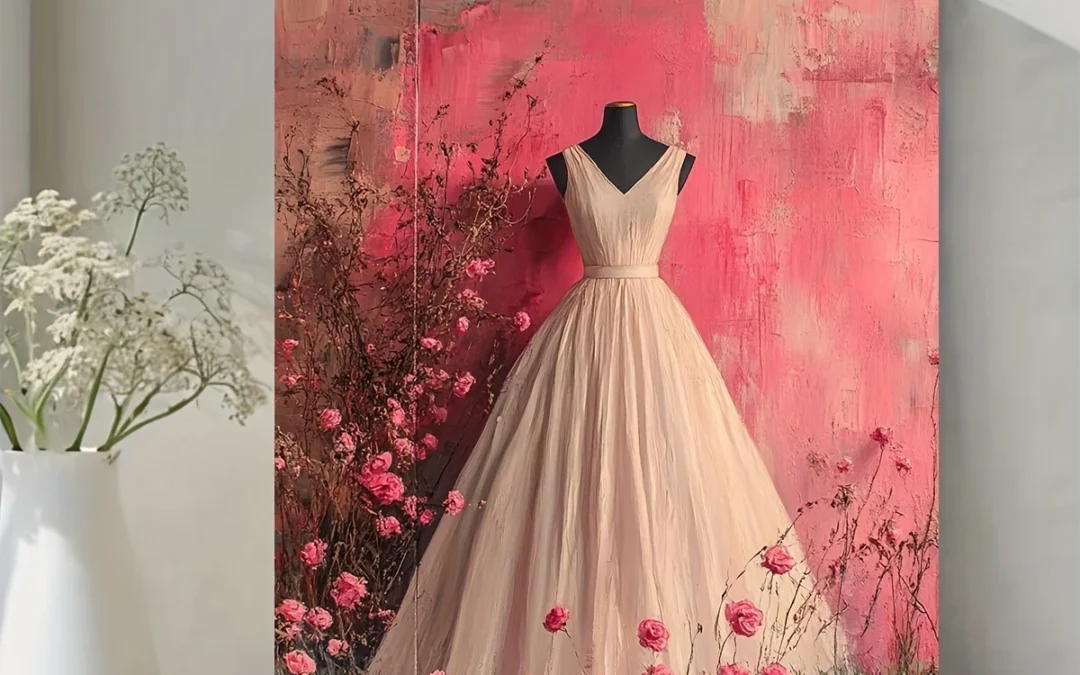 Abstract Romantic Dress Painting with Light Pink Roses & Feminine Wall Art Canvas Framed 40×60