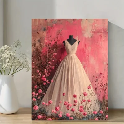 Abstract Romantic Dress Painting with Light Pink Roses & Feminine  Wall Art Canvas Framed 40x60