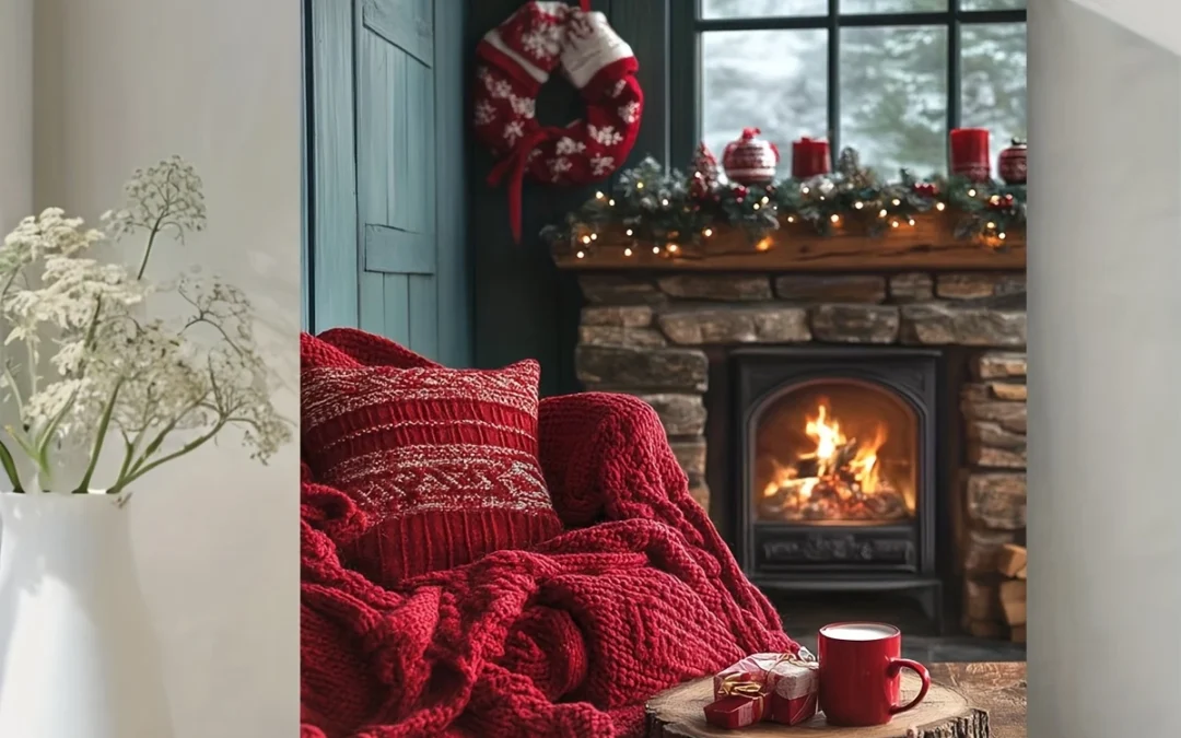 Cozy Fireplace with Christmas Blanket, Mug & StockingsWall Art Canvas Framed 40×60