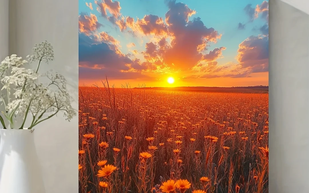 Sunset Over Oklahoma Field with Wildflowers Wall Art Canvas Framed 40×60