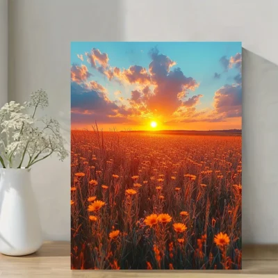 Sunset Over Oklahoma Field with Wildflowers Wall Art Canvas Framed 40x60
