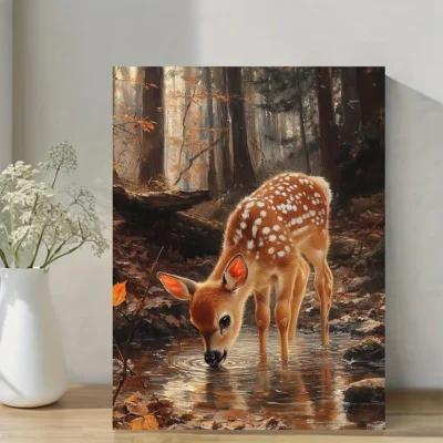 Young Deer Drinking Water in Forest  Wall Art Canvas Framed 40x60