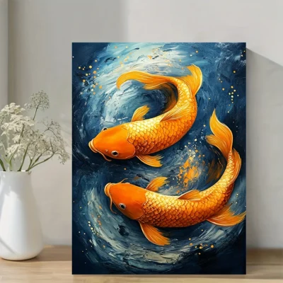 Vibrant Orange & Black Swirling Goldfish Wall Art Canvas Framed 40x60