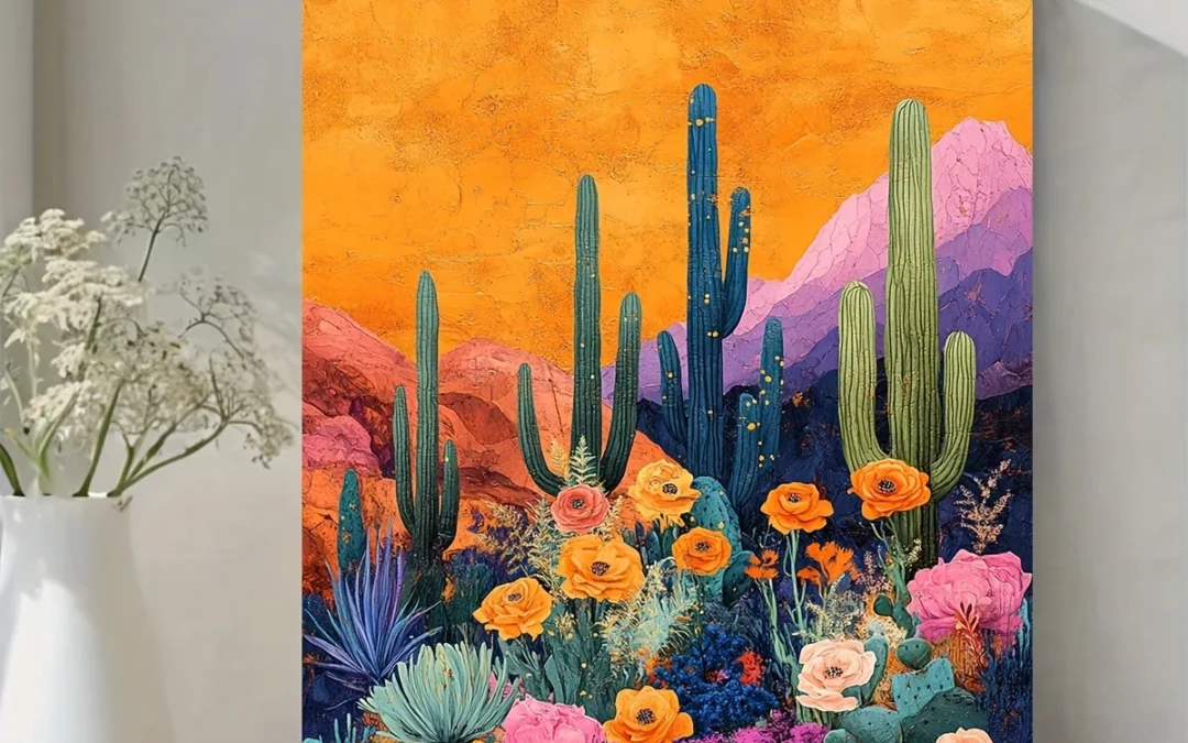 Colorful Desert Cactus & Flower Scene Wall Art Canvas Framed 40×60