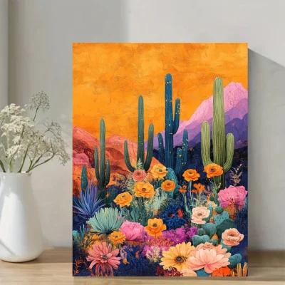 Colorful Desert Cactus & Flower Scene Wall Art Canvas Framed 40x60