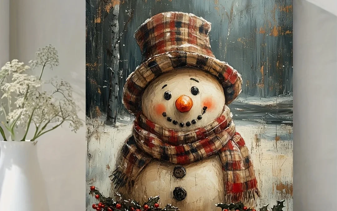 Vintage Snowman with Plaid Scarf & Holly Wall Art Canvas Framed 40×60