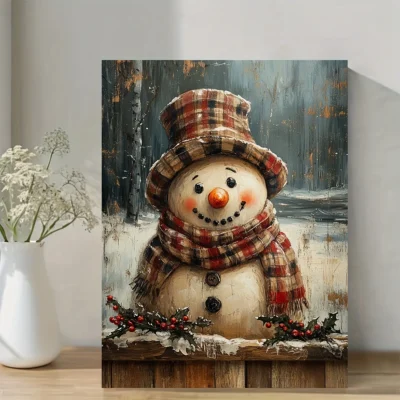 Vintage Snowman with Plaid Scarf & Holly Wall Art Canvas Framed 40x60