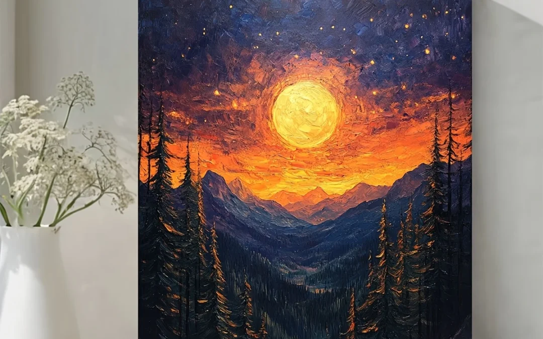 Van Gogh Style Twilight Pine Forest Starry Night & Sunset Wall Art Canvas Framed 40×60
