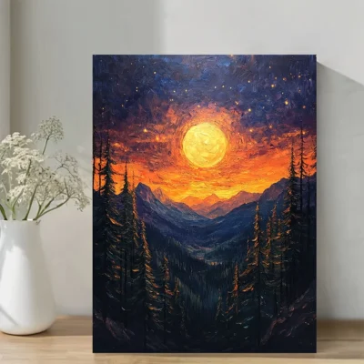 Van Gogh Style Twilight Pine Forest Starry Night & Sunset Wall Art Canvas Framed 40x60