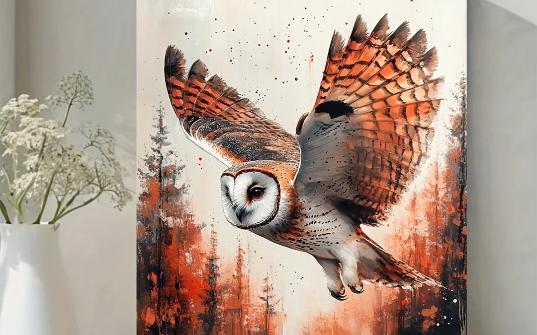 Owl in Flight , Vibrant Nature Wall Art Canvas Framed 40×60