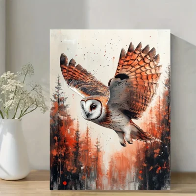 Owl in Flight , Vibrant Nature Wall Art Canvas Framed 40x60