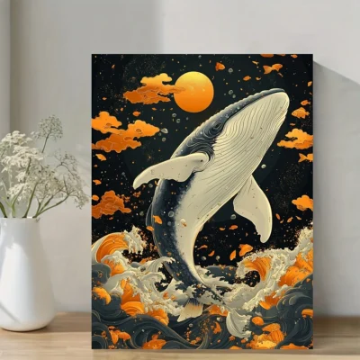 Japanese Whale & Ocean Waves Wall Art Canvas Framed 40x60