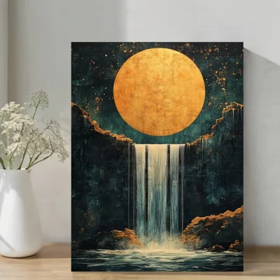 Mystical Waterfall & Cosmic Sun Landscape Wall Art Canvas Framed 40x60