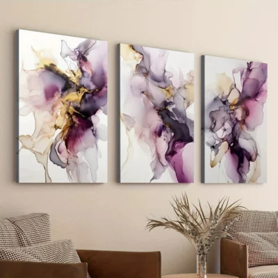 3pcs Marble Golden Foil Purple Modern Elegant Wall Art Set Canvas Framed 40x60cm - High Quality Print 100% Australian Made Wall Canvas Ready to Hang