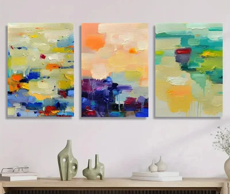 3pcs Abstract Textured Painting, Vibrant Colors  Wall Art Set Canvas Framed 50x70cm – High Quality Print 100% Australian Made Wall Canvas Ready to Hang