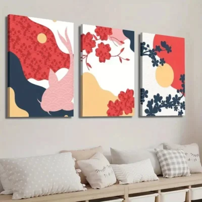 3pcs Japanese Flower Animal & Fish Illustration Wall Canvas Ready to Hang