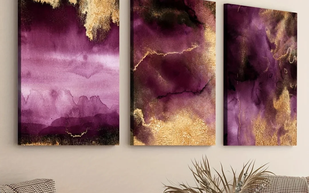 3pcs Golden Abstract Purple Elegant Modern Art Wall Art Set Canvas Framed 40x60cm – High Quality Print 100% Australian Made Wall Canvas Ready to Hang