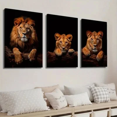 3pcs Lion & Cub Portrait on Dark Background   Wall Art Set Canvas Framed 40x60cm - High Quality Print 100% Australian Made Wall Canvas Ready to Hang