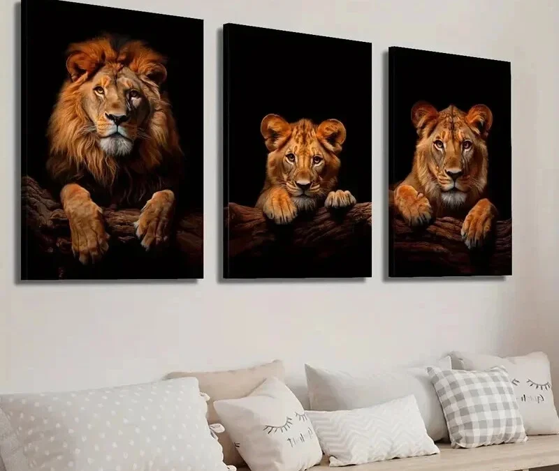 3pcs Lion & Cub Portrait on Dark Background Wall Art Set Canvas Framed 40x60cm – High Quality Print 100% Australian Made Wall Canvas Ready to Hang
