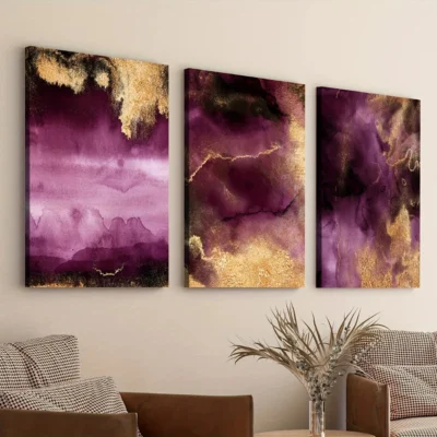 3pcs Golden Abstract Purple Elegant Modern Art Wall Art Set Canvas Framed 40x60cm - High Quality Print 100% Australian Made Wall Canvas Ready to Hang