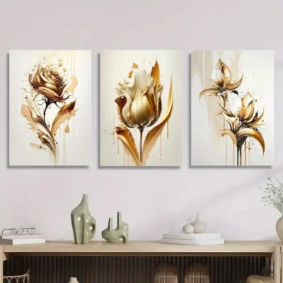 3pcs  Golden rose abstract concept illustration Wall Art Set Canvas Framed 40x60cm - High Quality Print 100% Australian Made Wall Canvas Ready to Hang
